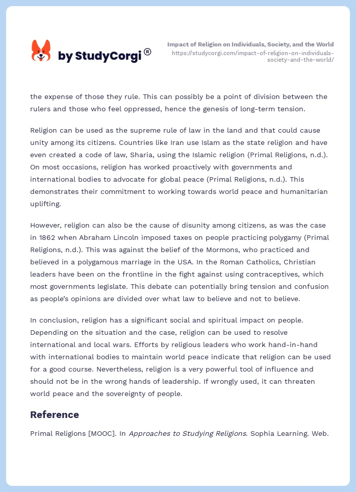 Impact of Religion on Individuals, Society, and the World. Page 2