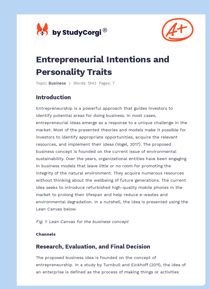 Entrepreneurial Intentions and Personality Traits. Page 1