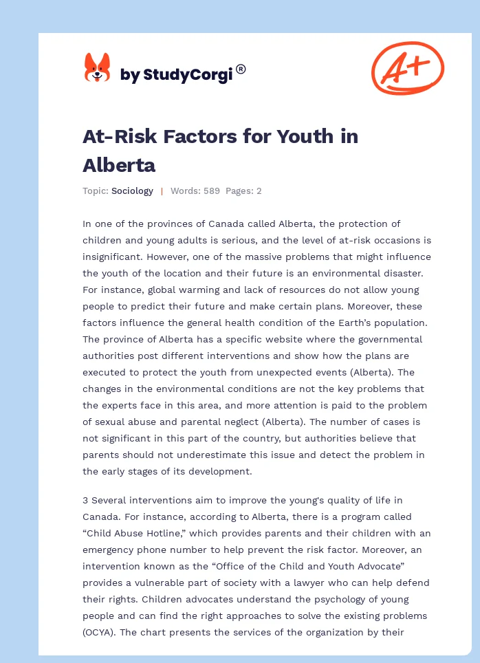 At-Risk Factors for Youth in Alberta. Page 1
