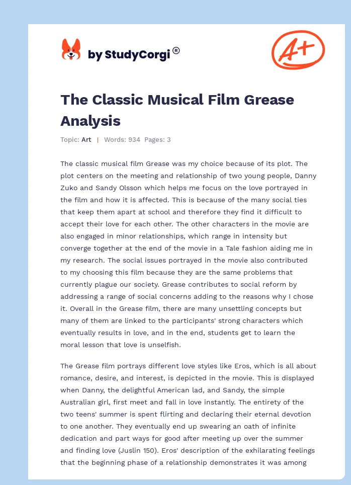 The Classic Musical Film Grease Analysis. Page 1
