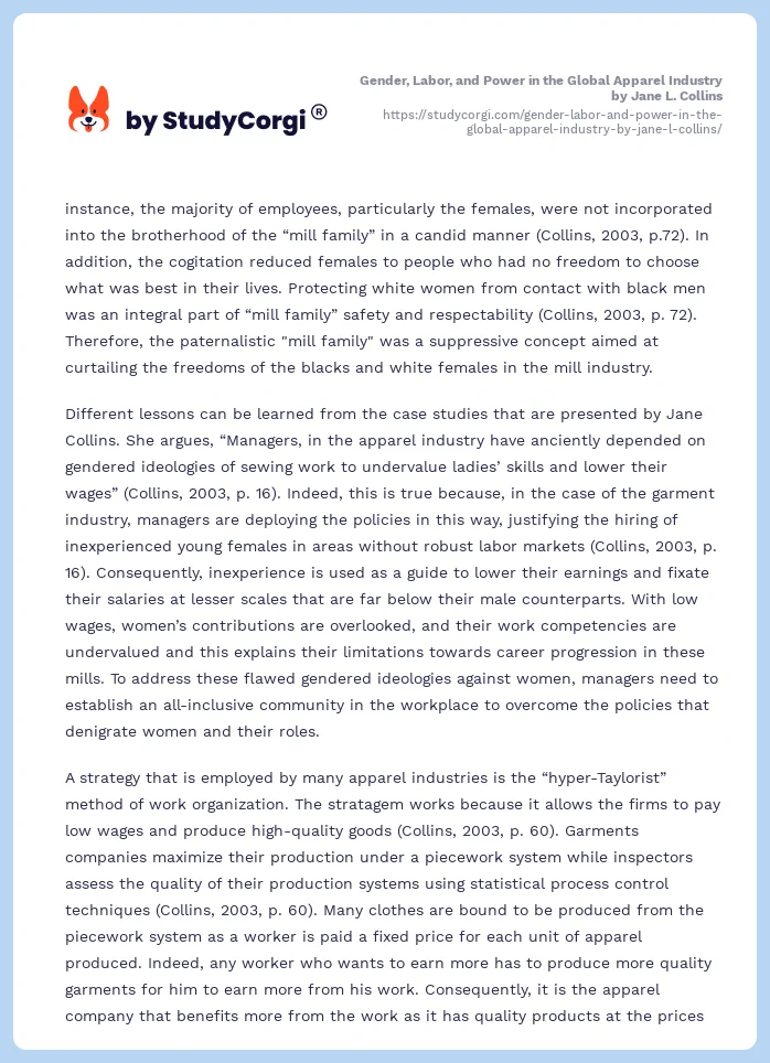 Gender, Labor, and Power in the Global Apparel Industry by Jane L. Collins. Page 2
