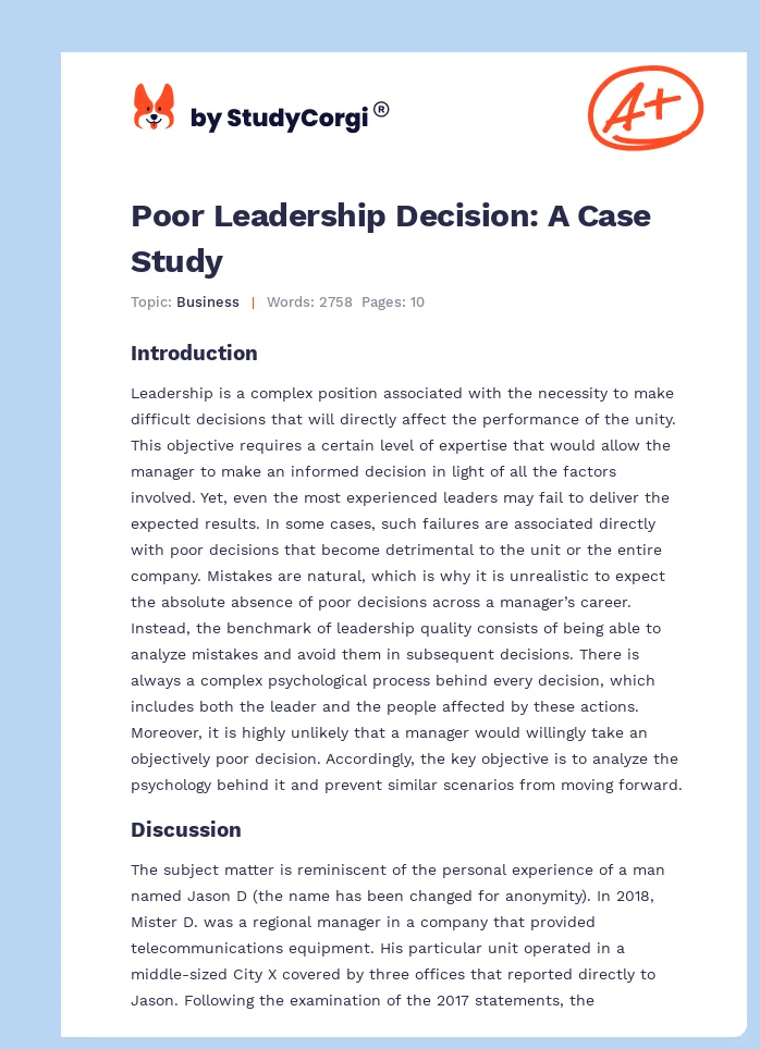 Poor Leadership Decision: A Case Study. Page 1