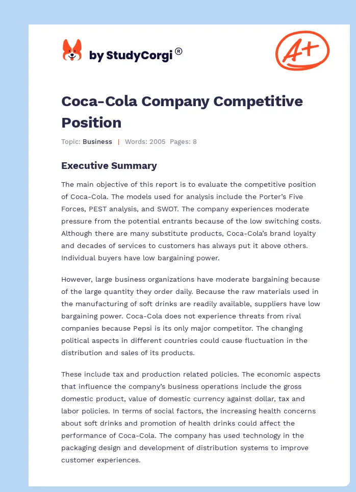 Coca-Cola Company Competitive Position. Page 1