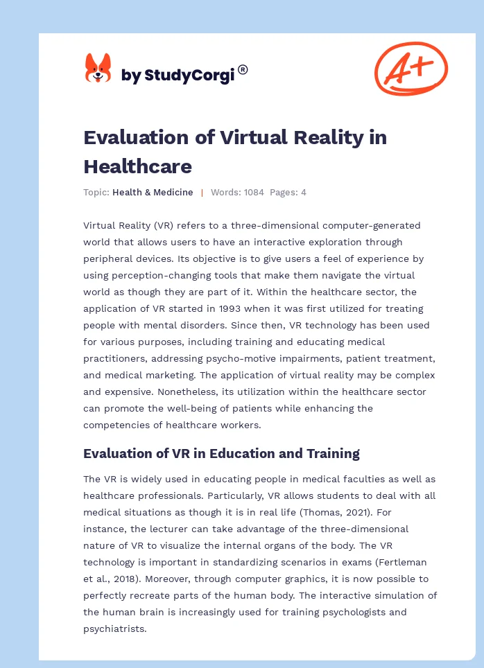 Evaluation of Virtual Reality in Healthcare. Page 1