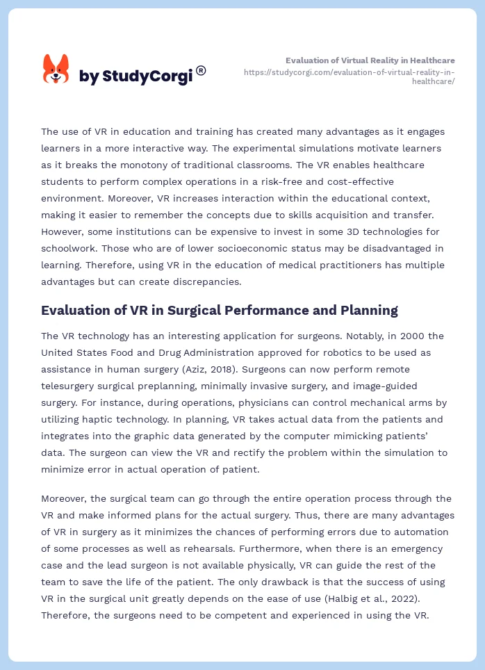 Evaluation of Virtual Reality in Healthcare. Page 2