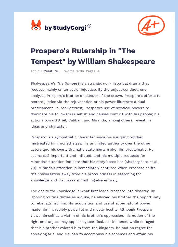 Prospero's Rulership in "The Tempest" by William Shakespeare. Page 1