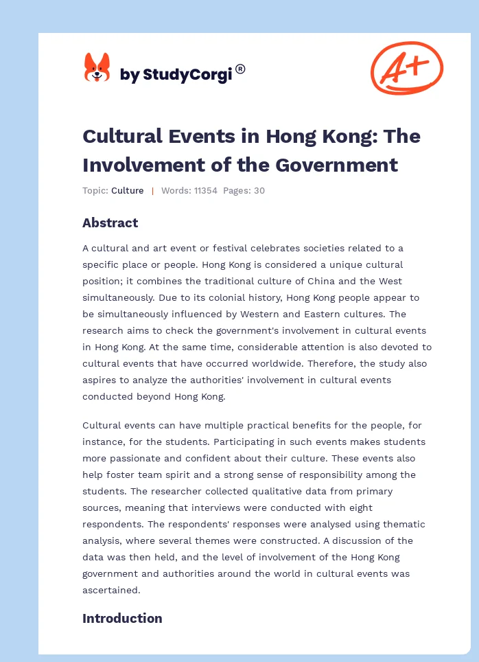 Cultural Events in Hong Kong: The Involvement of the Government. Page 1