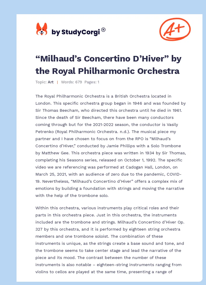 “Milhaud’s Concertino D’Hiver” by the Royal Philharmonic Orchestra. Page 1