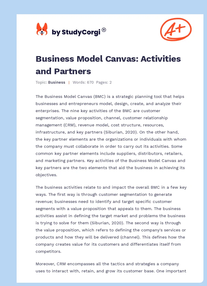 Business Model Canvas: Activities and Partners. Page 1