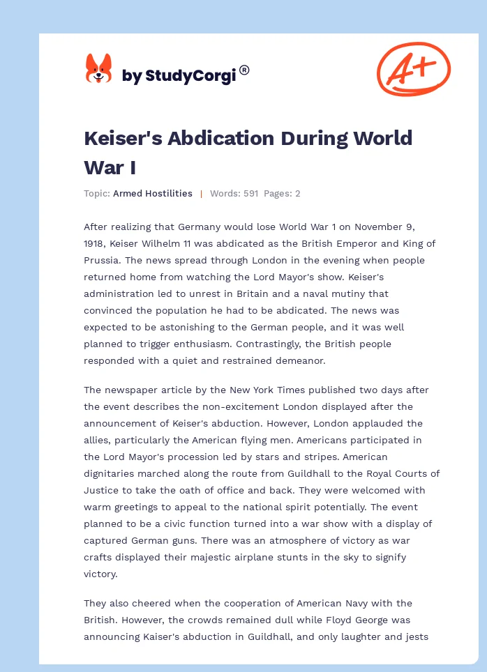 Keiser's Abdication During World War I. Page 1