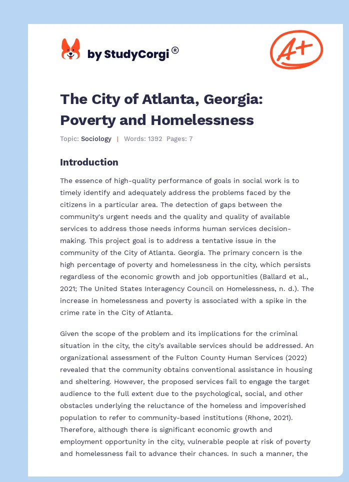 The City of Atlanta, Georgia: Poverty and Homelessness. Page 1
