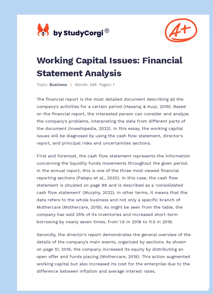 Working Capital Issues: Financial Statement Analysis. Page 1