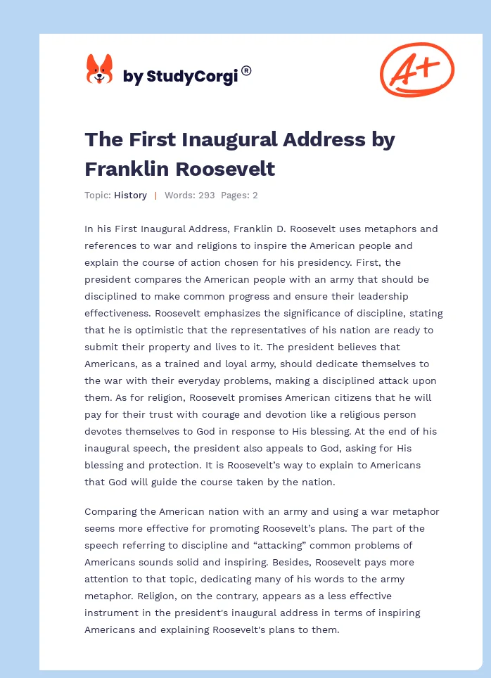The First Inaugural Address by Franklin Roosevelt. Page 1