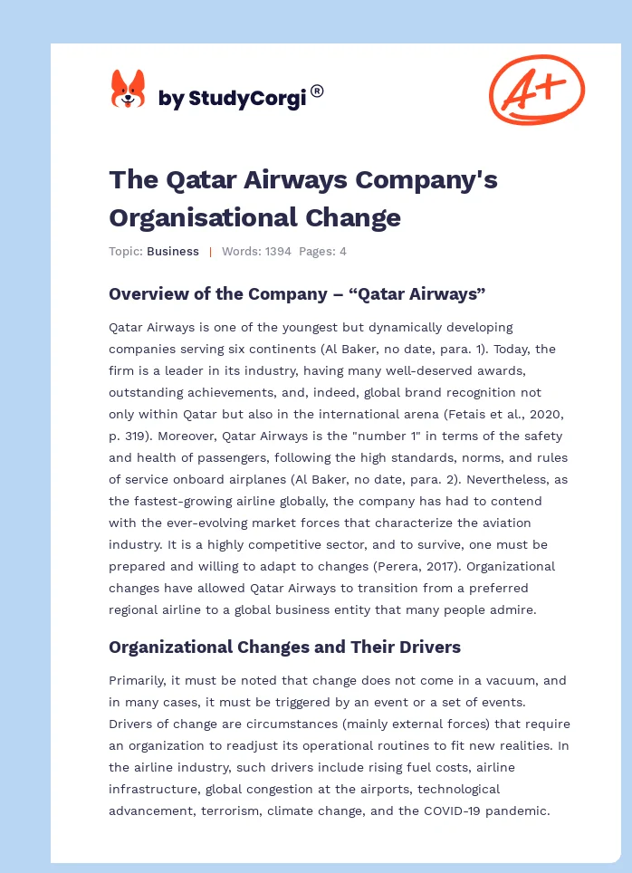 The Qatar Airways Company's Organisational Change. Page 1