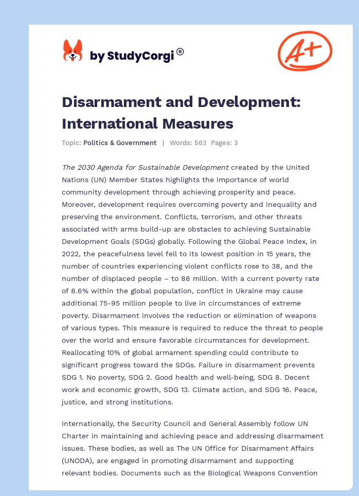 Disarmament and Development: International Measures. Page 1