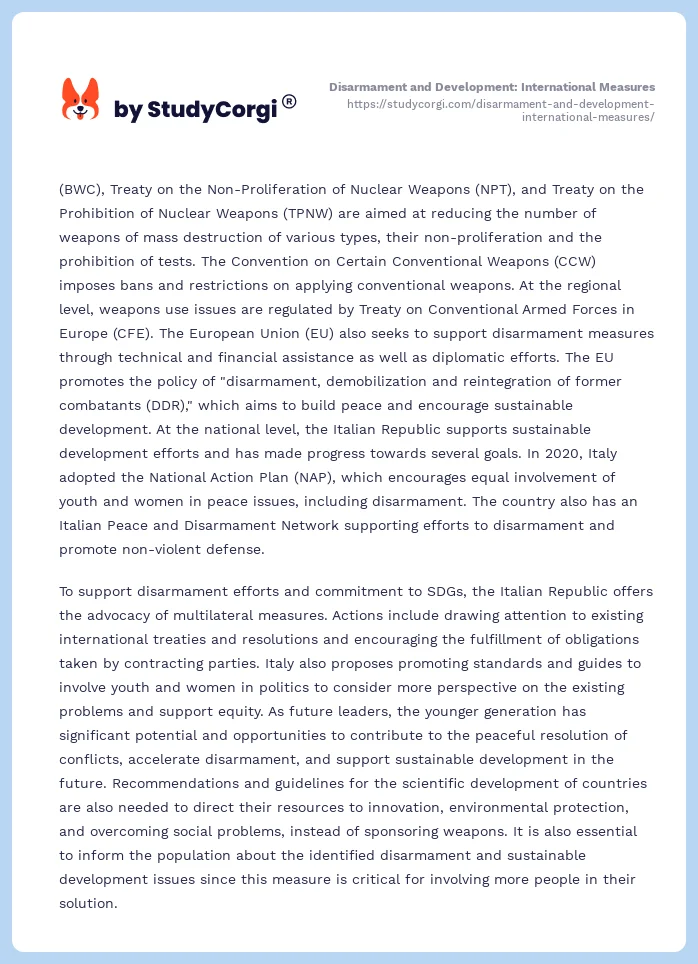 Disarmament and Development: International Measures. Page 2