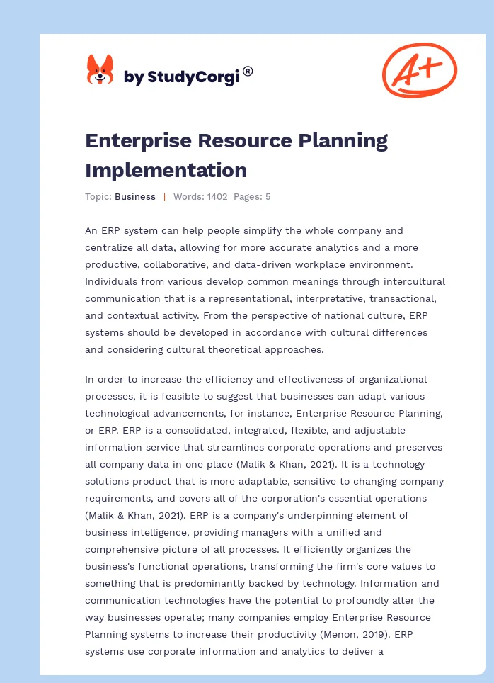 Enterprise Resource Planning Implementation. Page 1