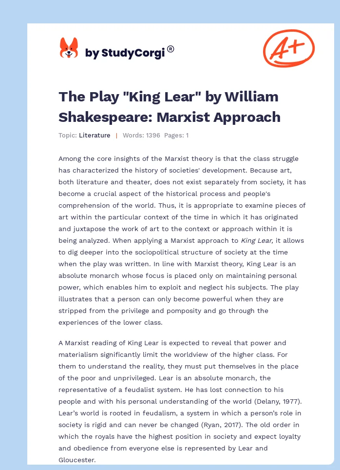 The Play "King Lear" by William Shakespeare: Marxist Approach. Page 1