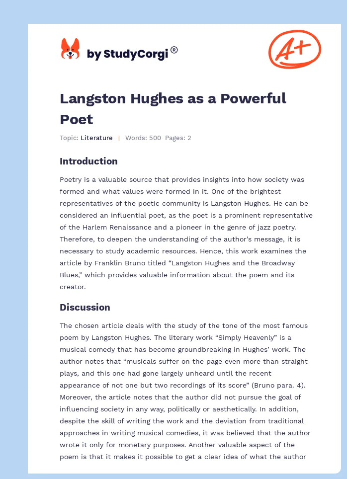 Langston Hughes as a Powerful Poet. Page 1