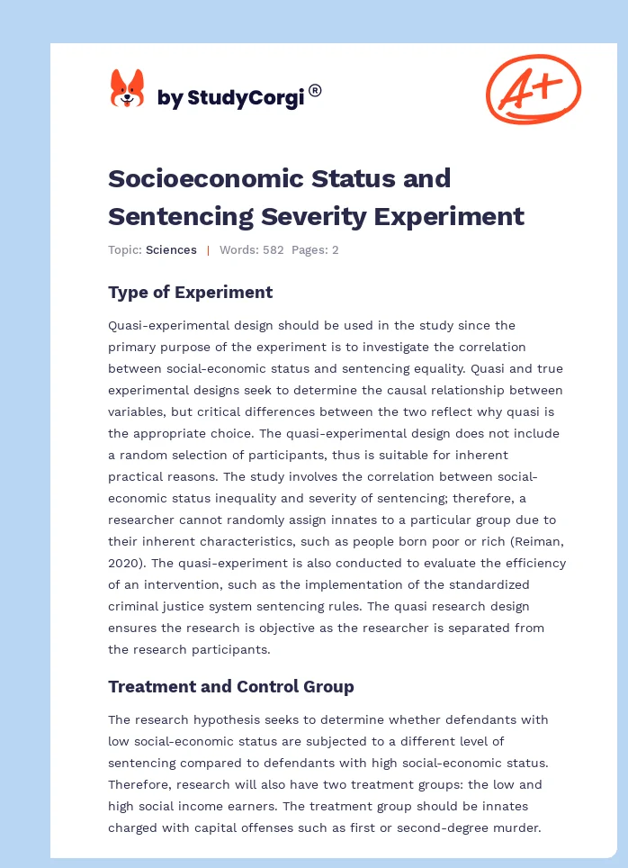 Socioeconomic Status and Sentencing Severity Experiment. Page 1