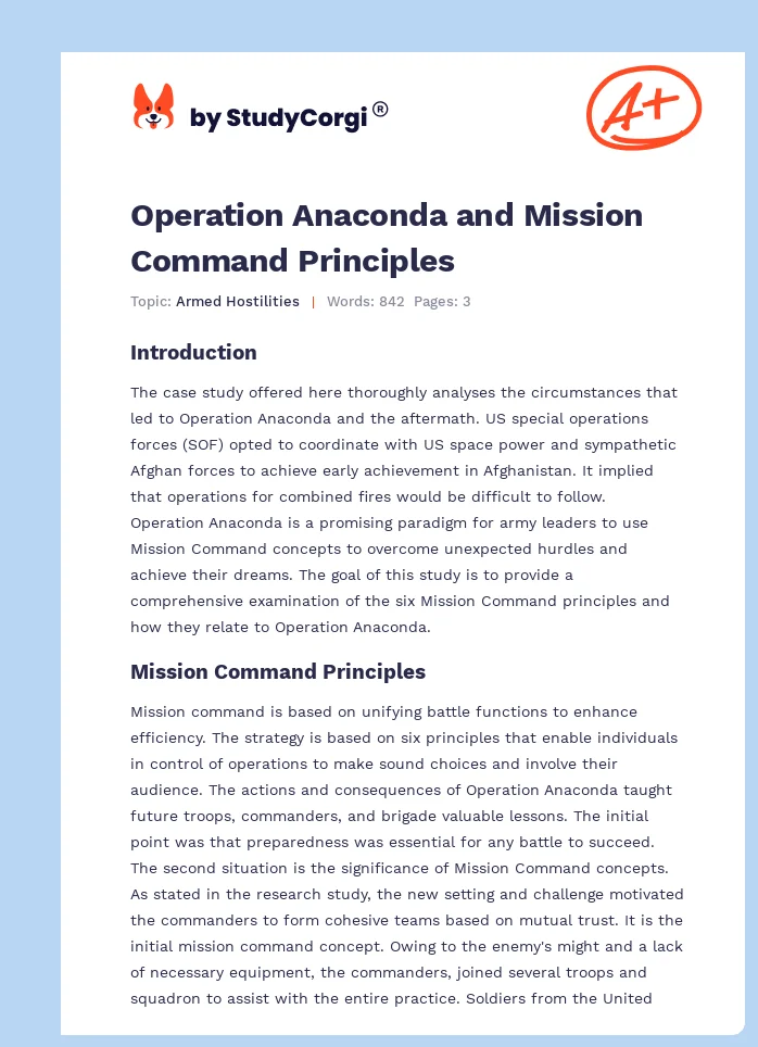 Operation Anaconda and Mission Command Principles | Free Essay Example