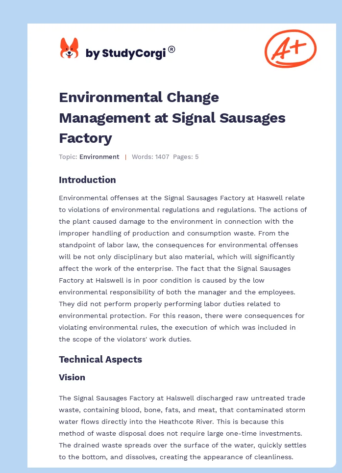 Environmental Change Management at Signal Sausages Factory. Page 1