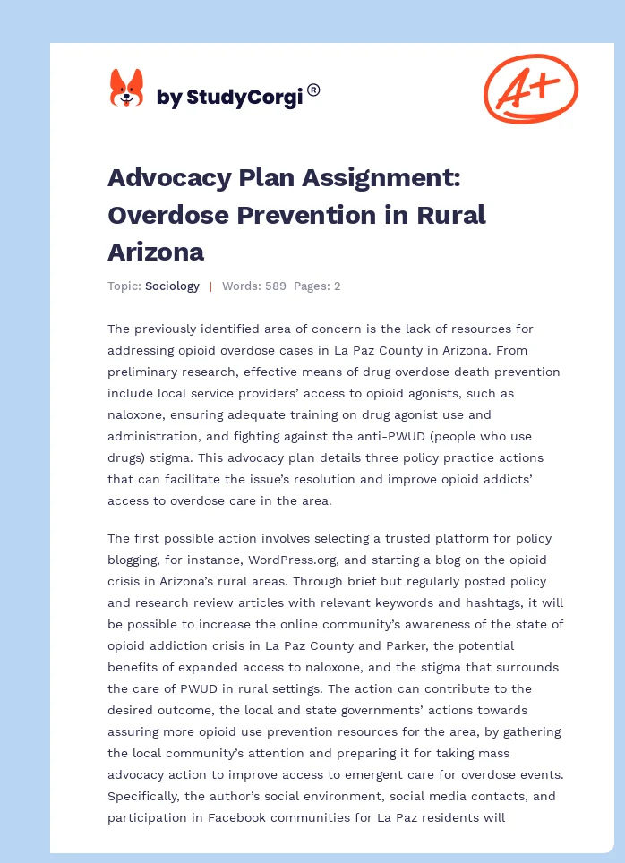 Advocacy Plan Assignment: Overdose Prevention in Rural Arizona. Page 1