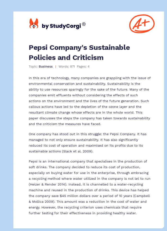 Pepsi Company's Sustainable Policies and Criticism. Page 1