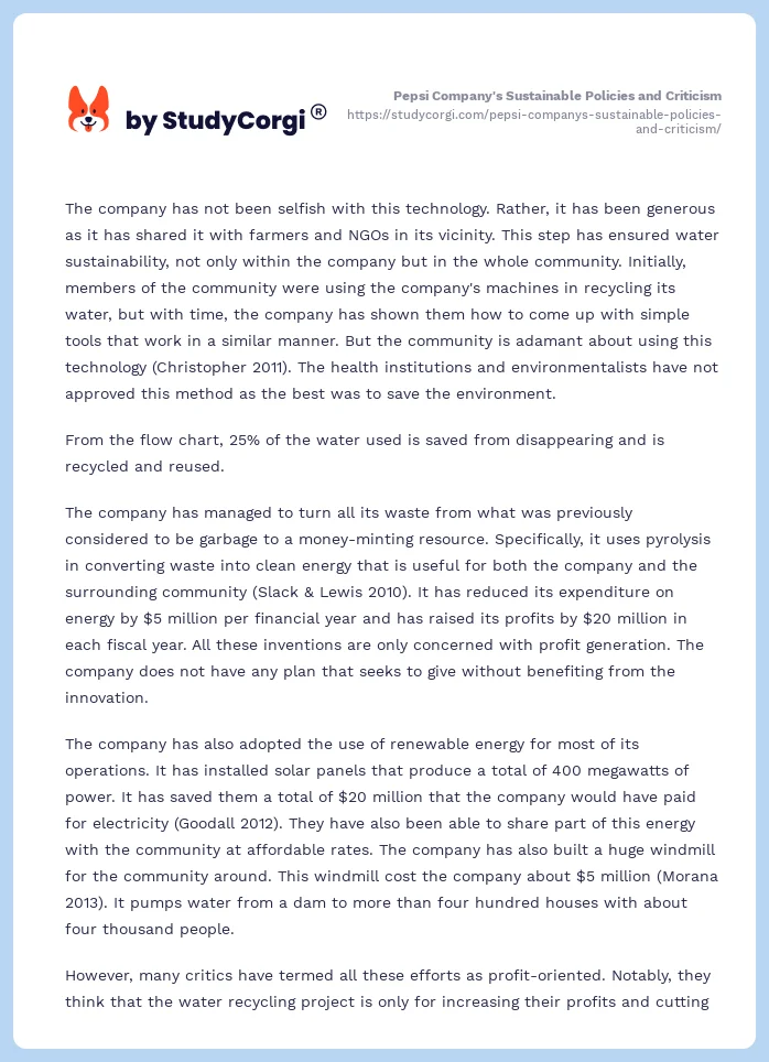 Pepsi Company's Sustainable Policies and Criticism. Page 2