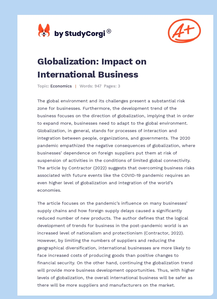 Globalization: Impact on International Business. Page 1
