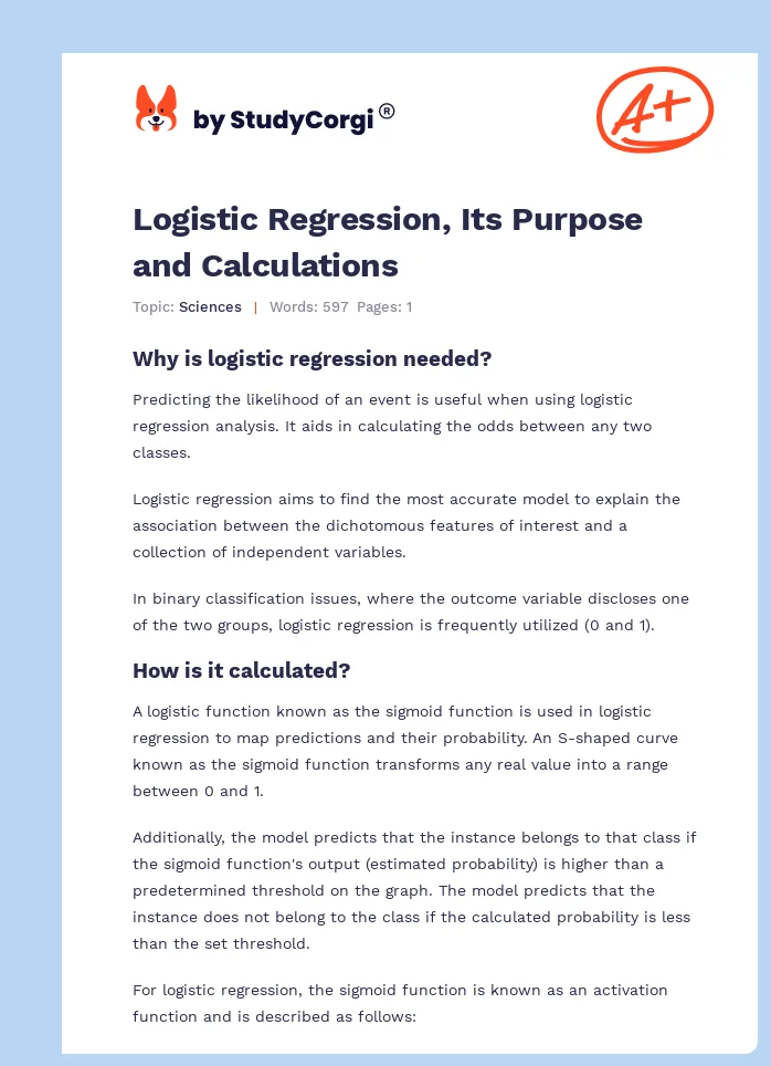 Logistic Regression, Its Purpose and Calculations. Page 1