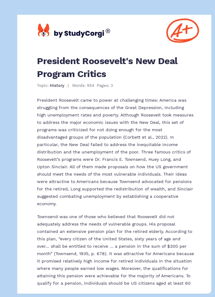 President Roosevelt's New Deal Program Critics. Page 1