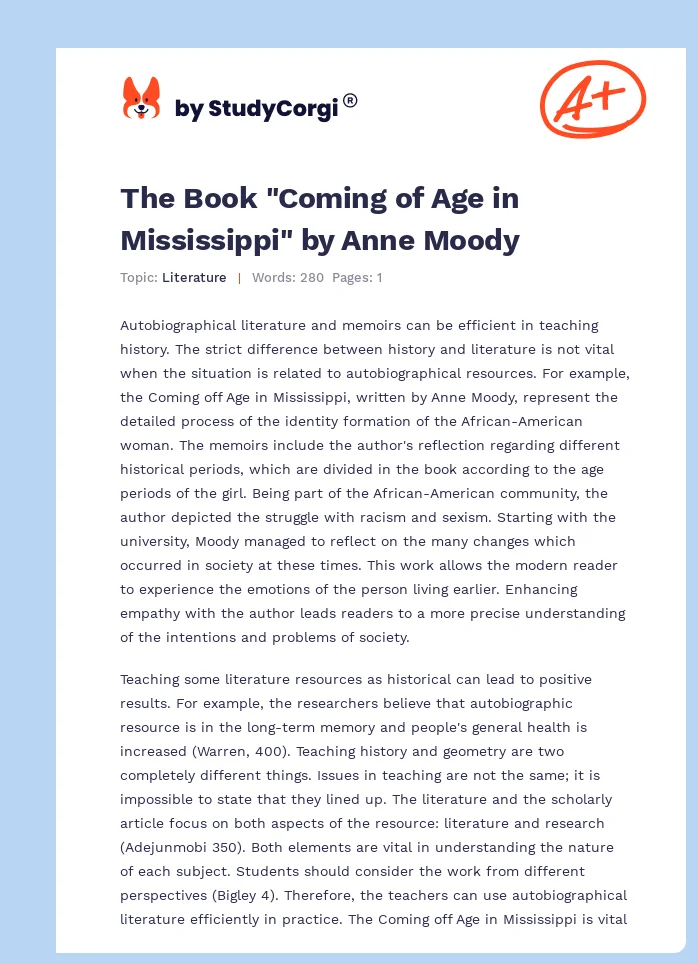 The Book "Coming of Age in Mississippi" by Anne Moody. Page 1