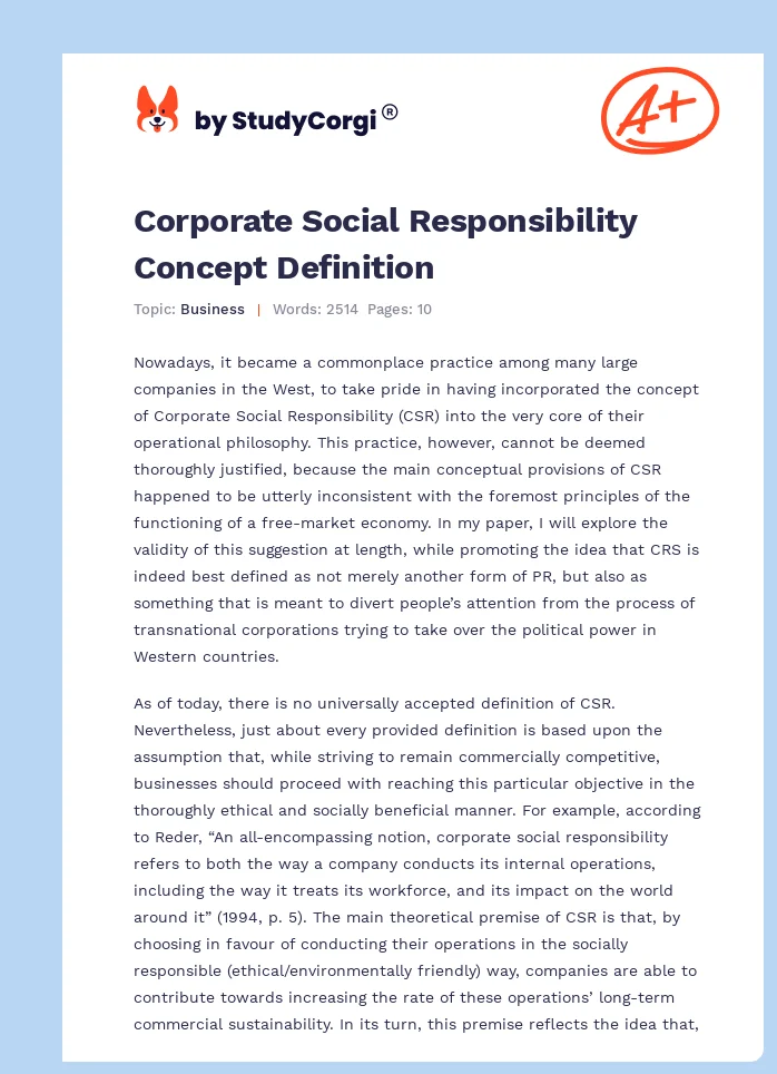 Corporate Social Responsibility Concept Definition. Page 1