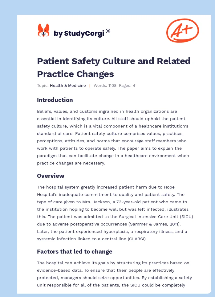 Patient Safety Culture and Related Practice Changes. Page 1