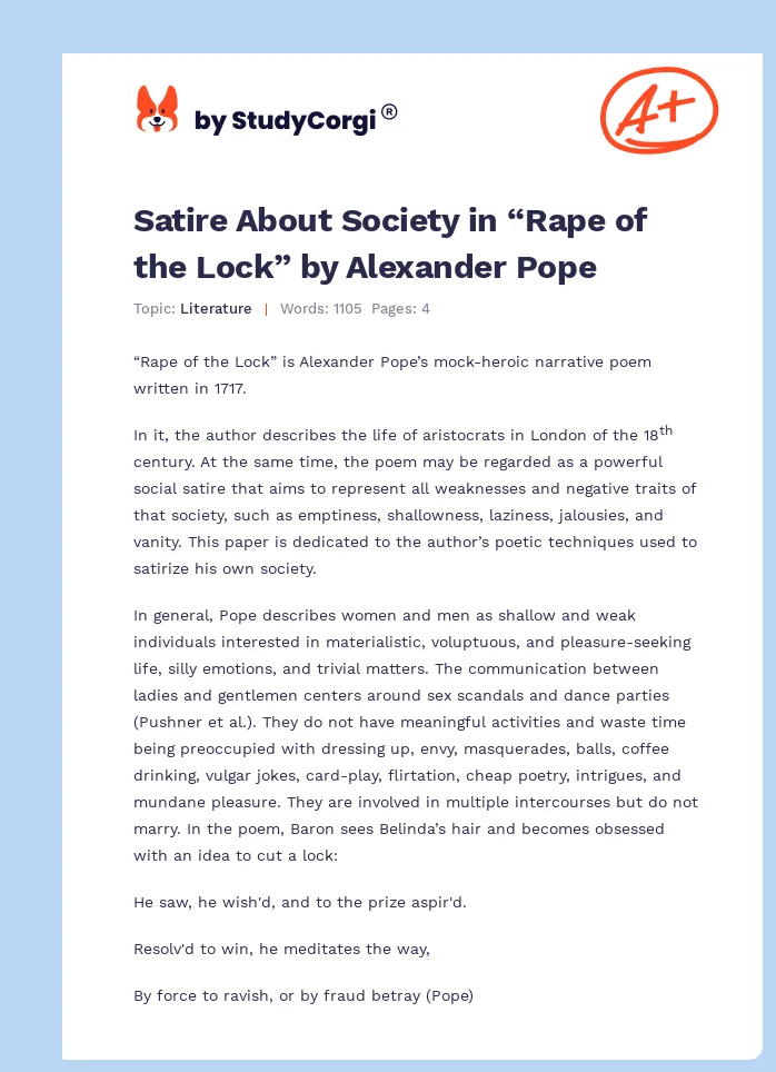 Satire About Society in “Rape of the Lock” by Alexander Pope. Page 1