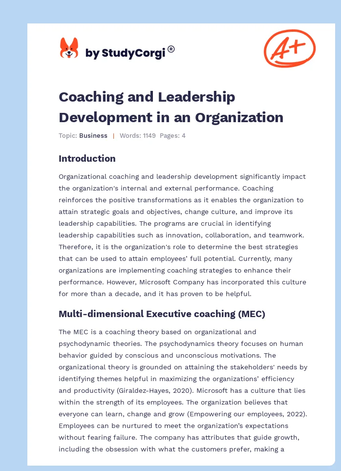 Coaching and Leadership Development in an Organization. Page 1