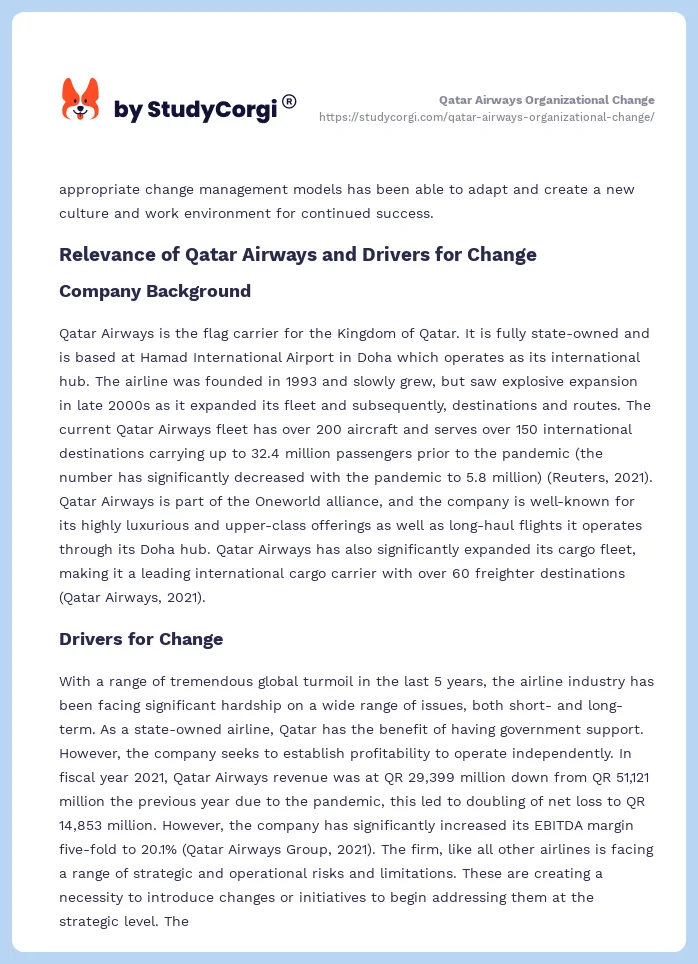 Qatar Airways Organizational Change. Page 2