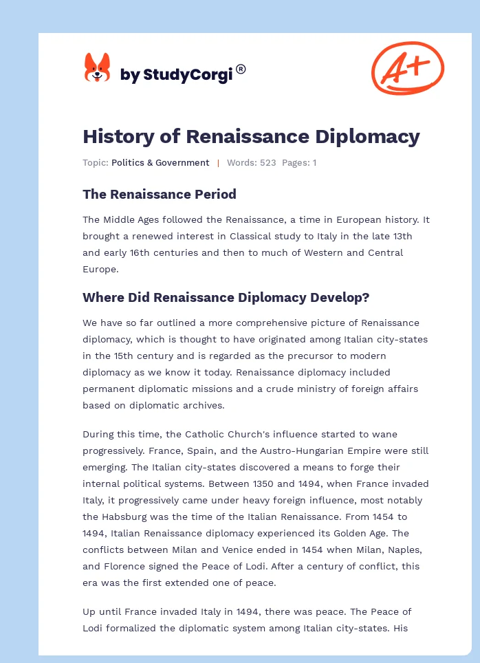 History of Renaissance Diplomacy. Page 1