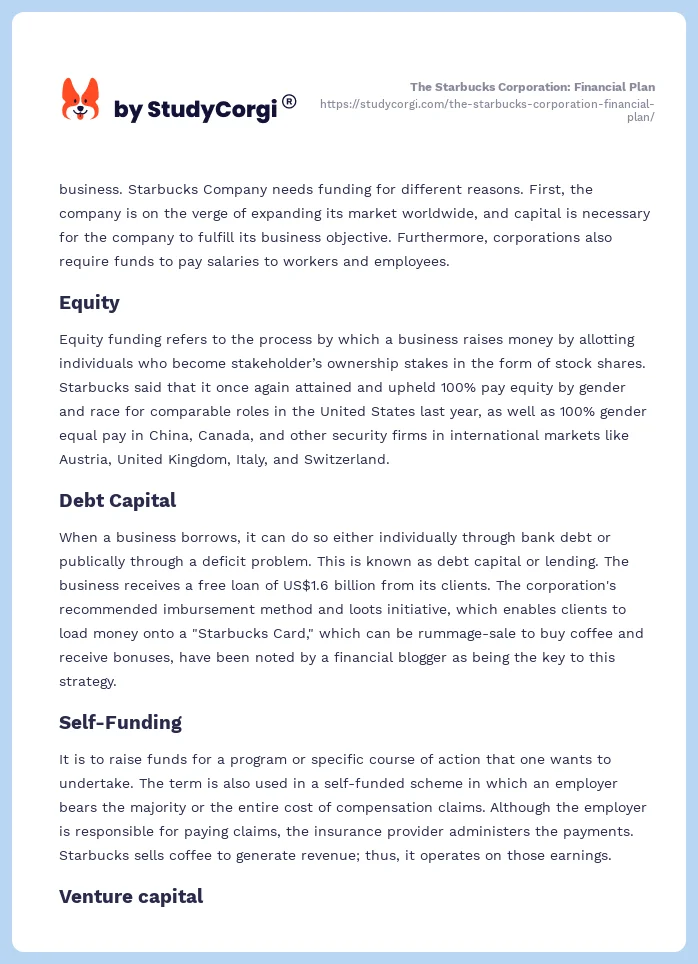 The Starbucks Corporation: Financial Plan. Page 2