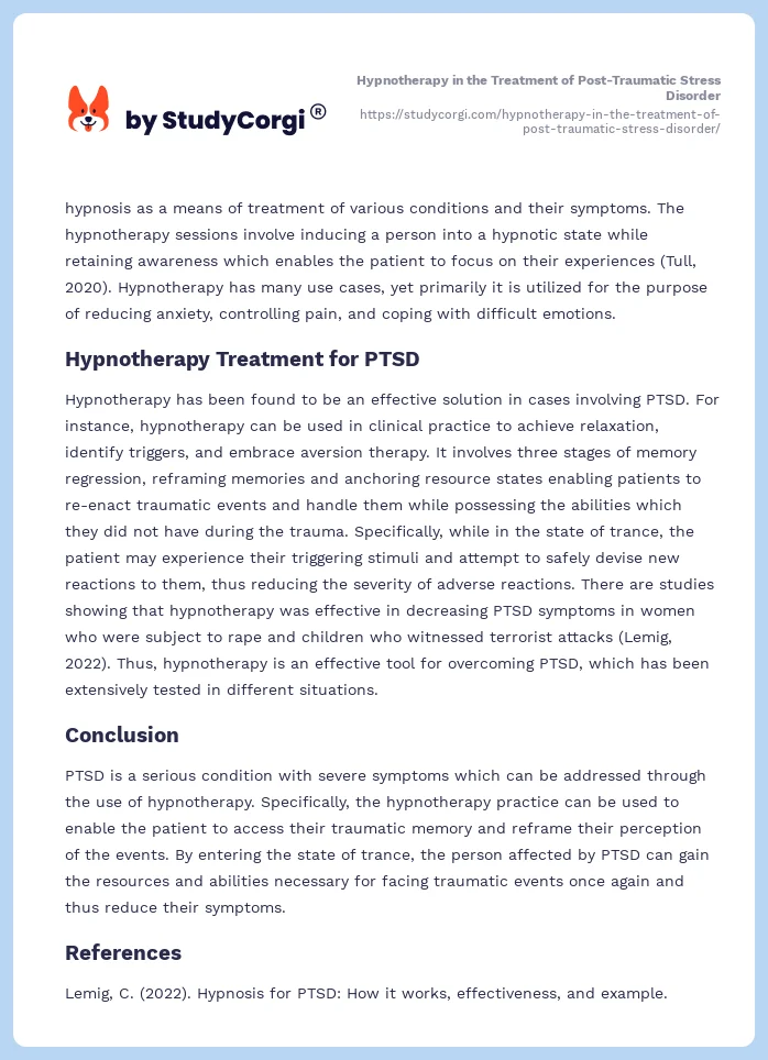 Hypnotherapy in the Treatment of Post-Traumatic Stress Disorder. Page 2