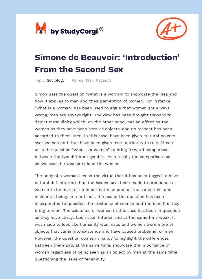 Simone de Beauvoir: ‘Introduction’ From the Second Sex. Page 1