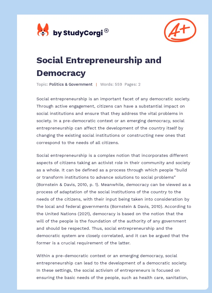Social Entrepreneurship and Democracy. Page 1