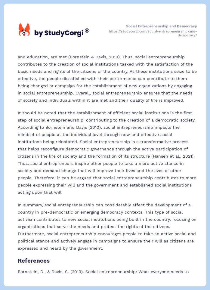 Social Entrepreneurship and Democracy. Page 2