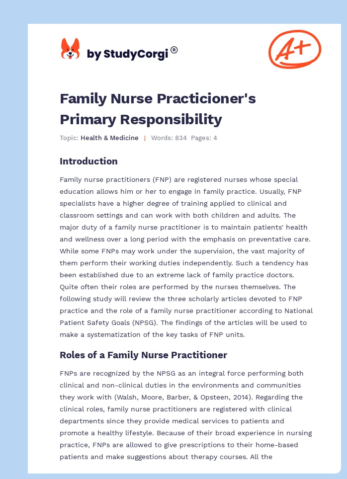 Family Nurse Practicioner's Primary Responsibility. Page 1