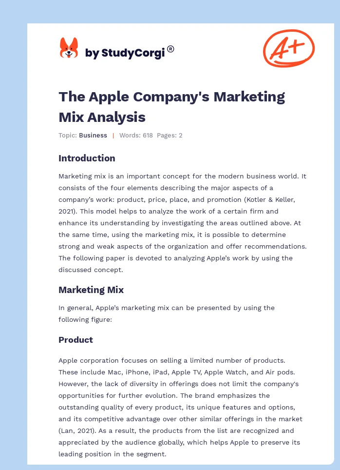The Apple Company's Marketing Mix Analysis. Page 1