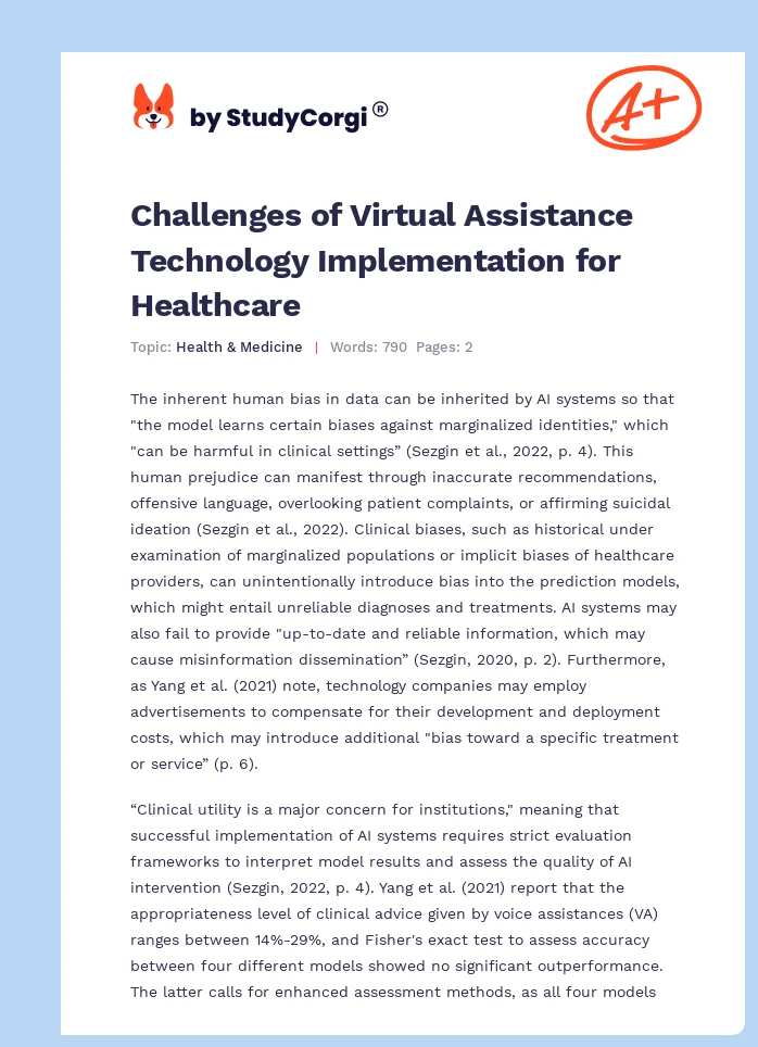 Challenges of Virtual Assistance Technology Implementation for Healthcare. Page 1