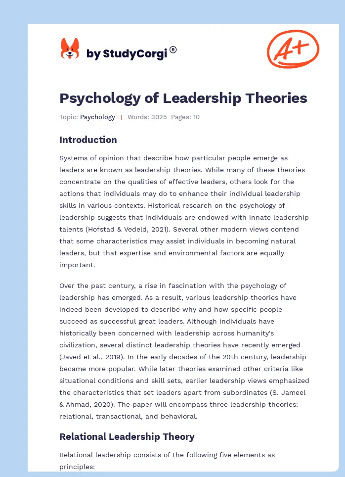 Psychology of Leadership Theories. Page 1