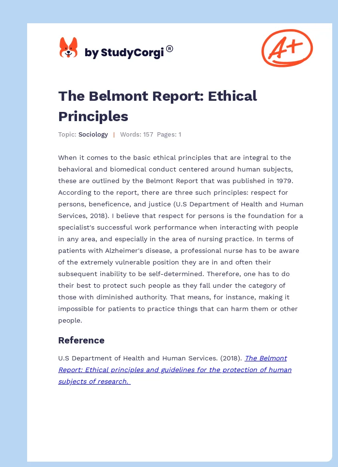 The Belmont Report Ethical Principles Free Essay Example