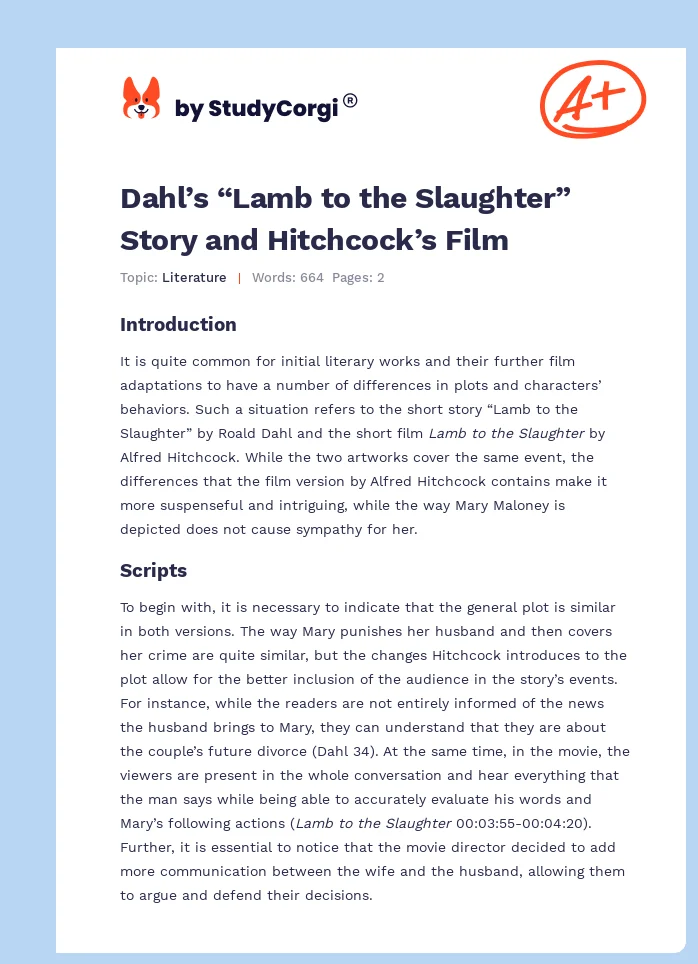 Dahl’s “Lamb to the Slaughter” Story and Hitchcock’s Film. Page 1